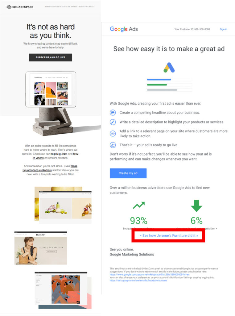 Retargeting remarketing marketing examples from Google and SquareSpace - by Onward Digital Ltd in Gloucester